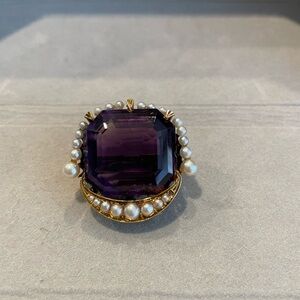 Elegant 18 Karat Gold & Real Large Amethyst Brooch with Seed Pearls, Vintage